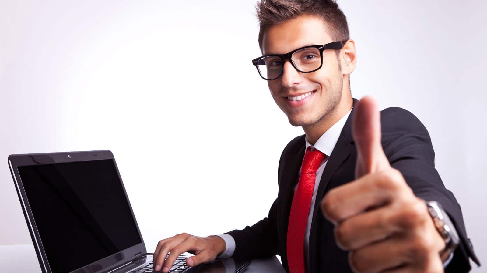 man thumbs up computer happy