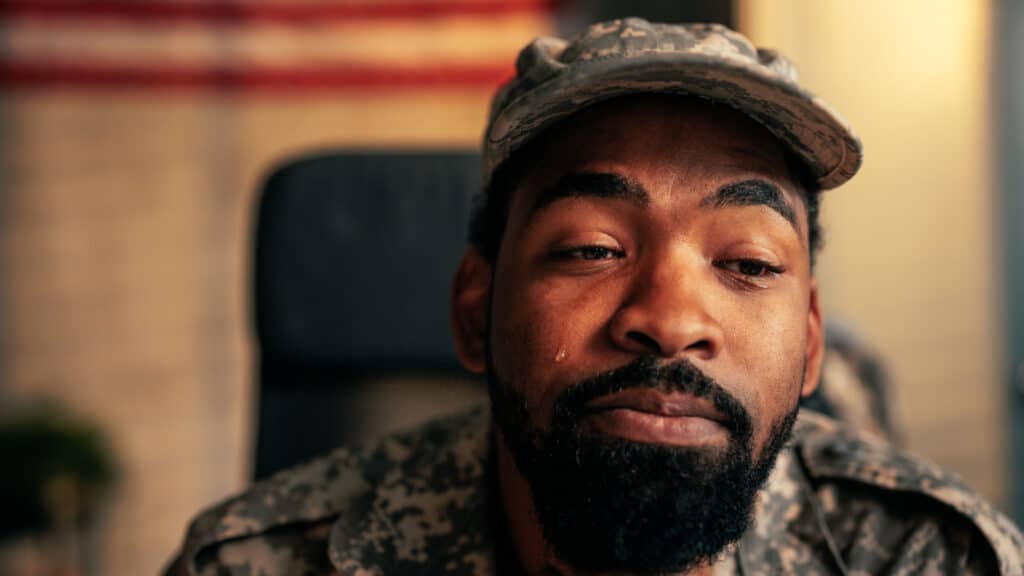 Crying American soldier veteran PTSD